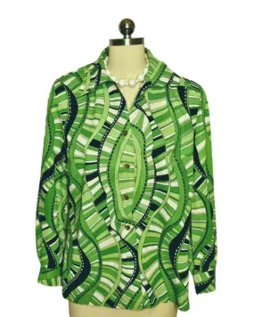 *   VINTAGE 60S PY KETTES LIME, BLACK AND WHITE ABSTRACT TOP GREEN TOP MULTI GREEN BLOUSE