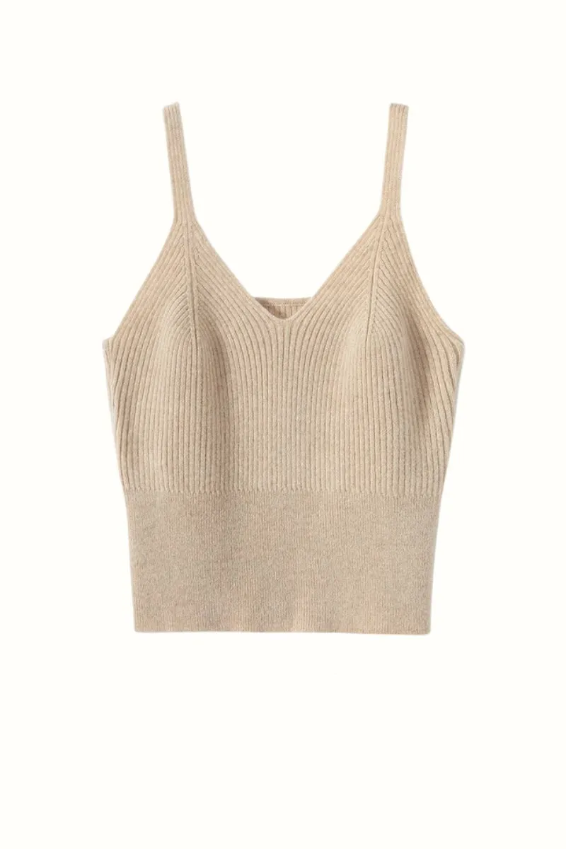 100 Albe Cashmere Cropped Rib-Knit V-Neck Camisole