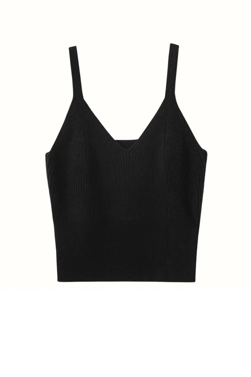 100 Albe Cashmere Cropped Rib-Knit V-Neck Camisole