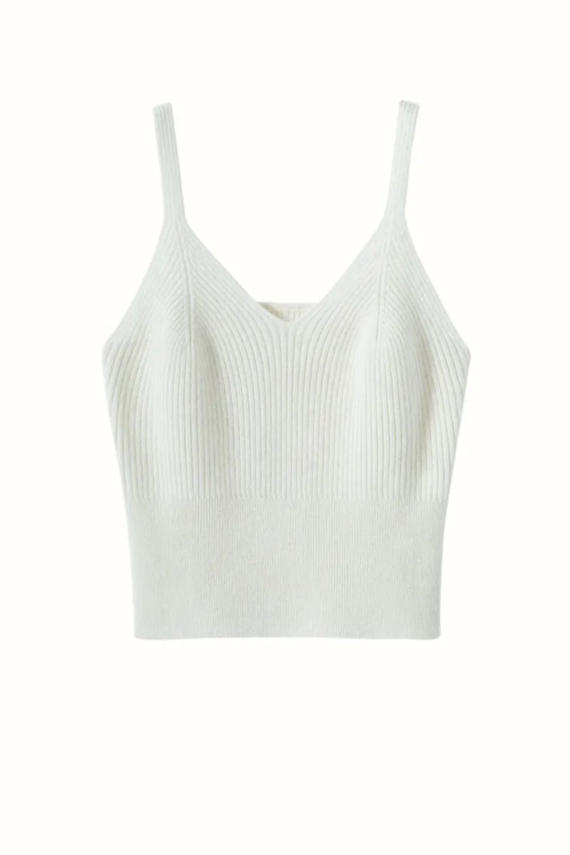 100 Albe Cashmere Cropped Rib-Knit V-Neck Camisole