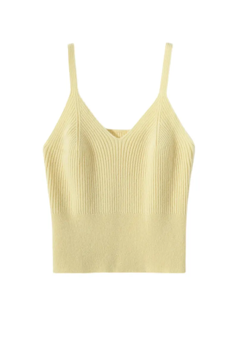 100 Albe Cashmere Cropped Rib-Knit V-Neck Camisole