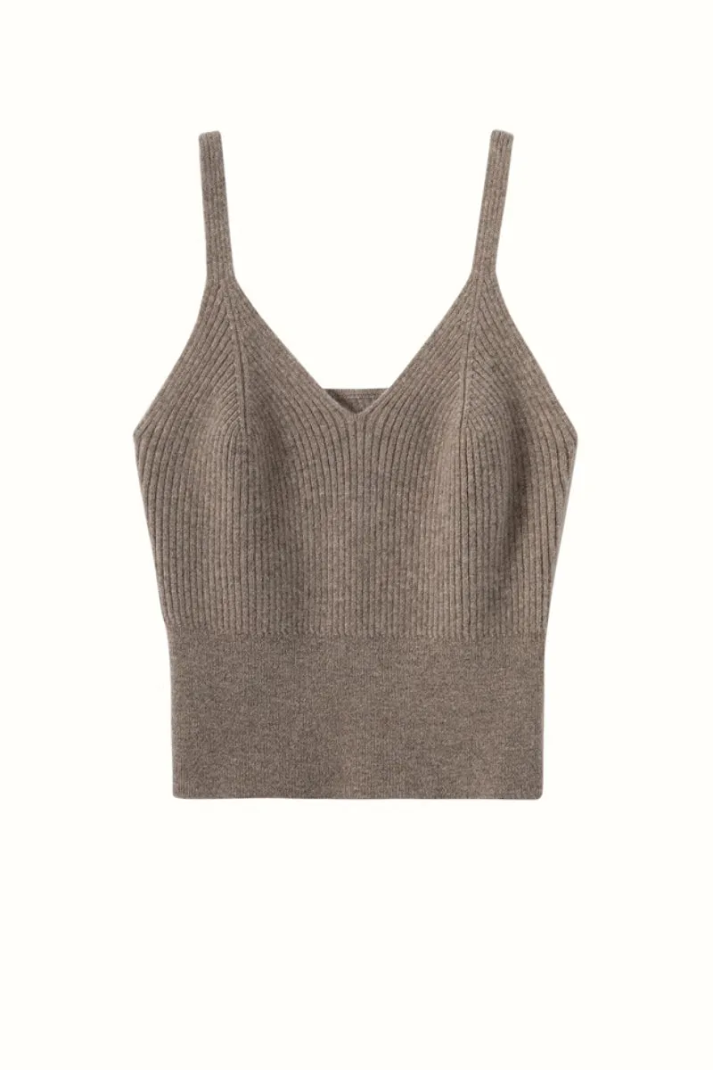 100 Albe Cashmere Cropped Rib-Knit V-Neck Camisole