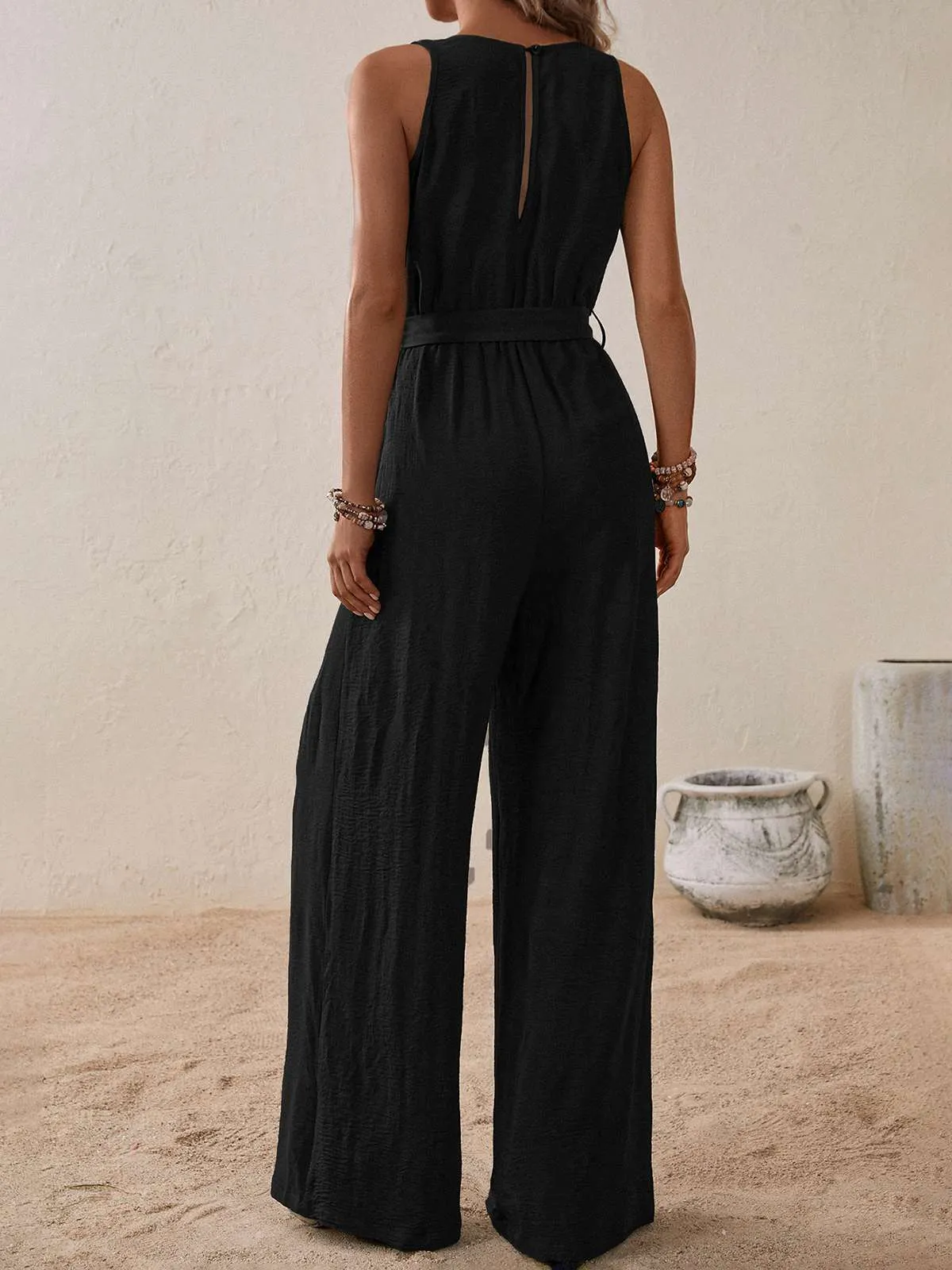 1950s Surplice V-Neck Solid Belted Jumpsuit