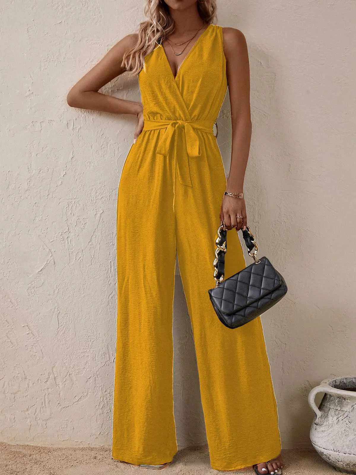 1950s Surplice V-Neck Solid Belted Jumpsuit