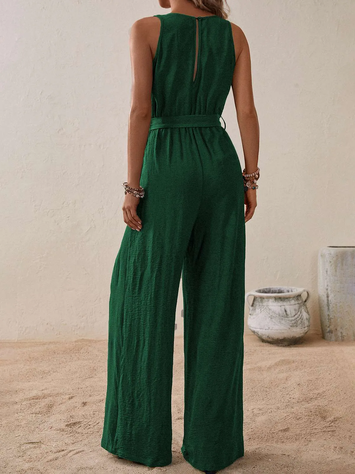 1950s Surplice V-Neck Solid Belted Jumpsuit