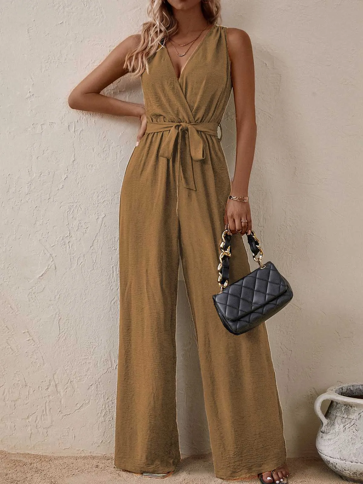 1950s Surplice V-Neck Solid Belted Jumpsuit