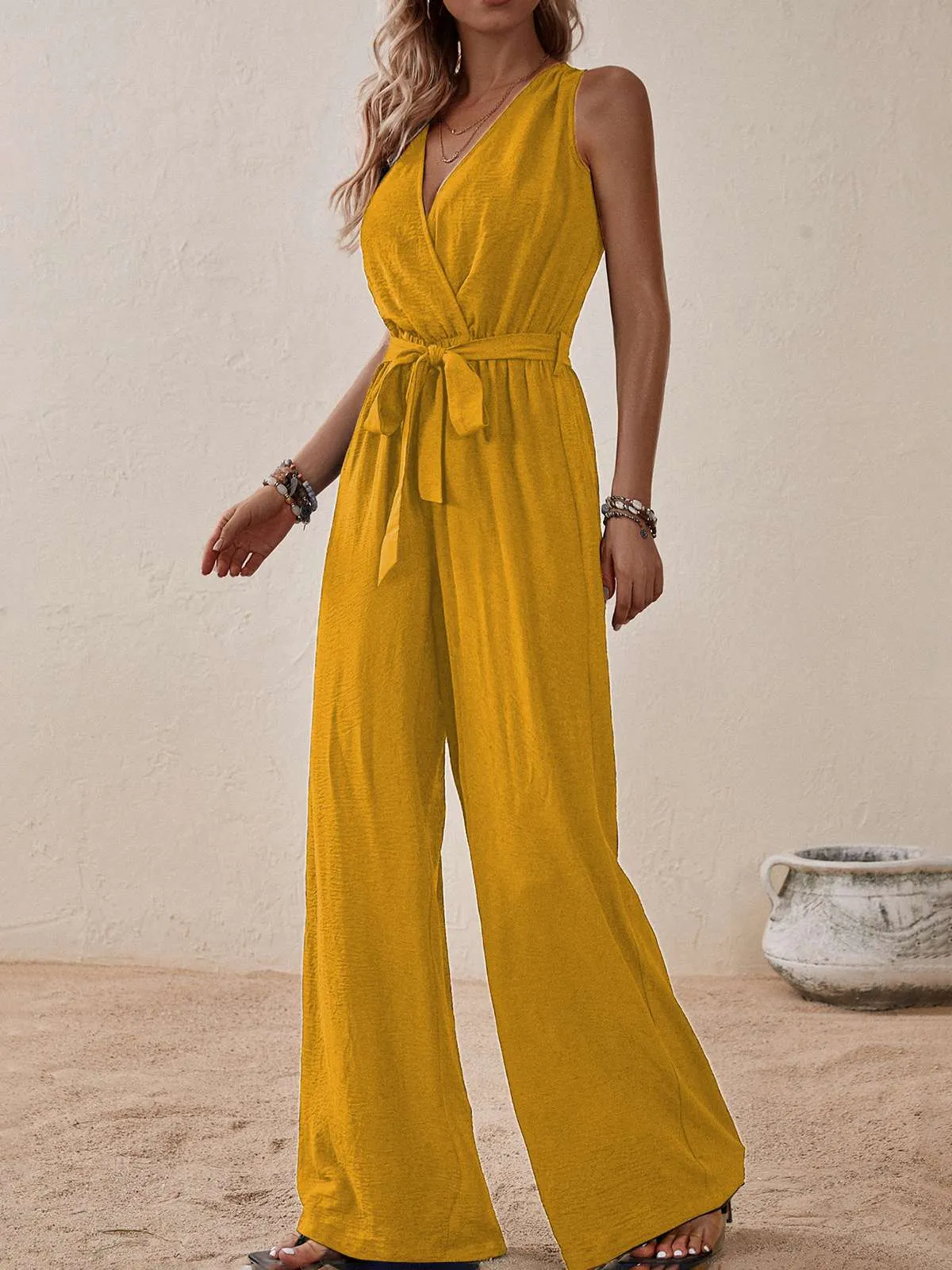 1950s Surplice V-Neck Solid Belted Jumpsuit