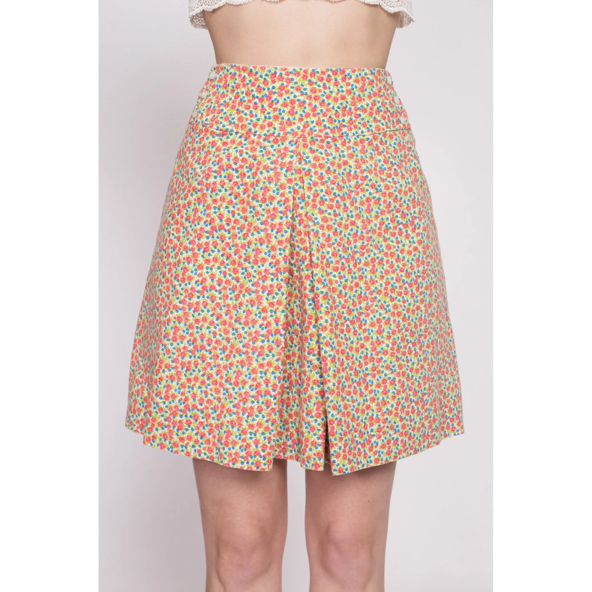 70s Calico Floral Pleated Mini Skirt - Extra Small, 23"