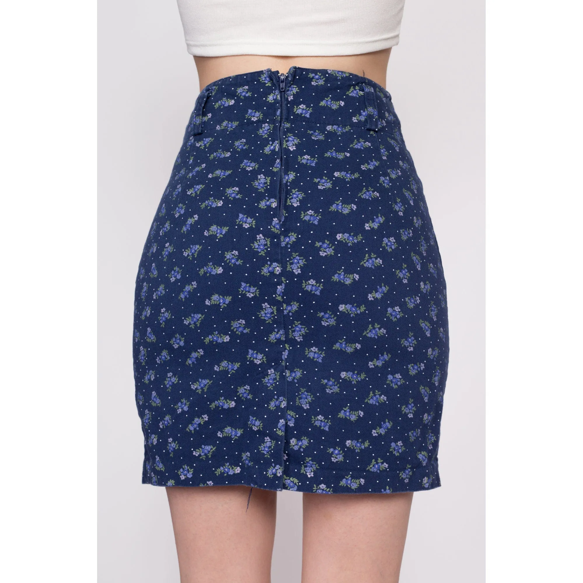 90s Blue Floral Mini Pencil Skirt - Extra Small, 24.5"