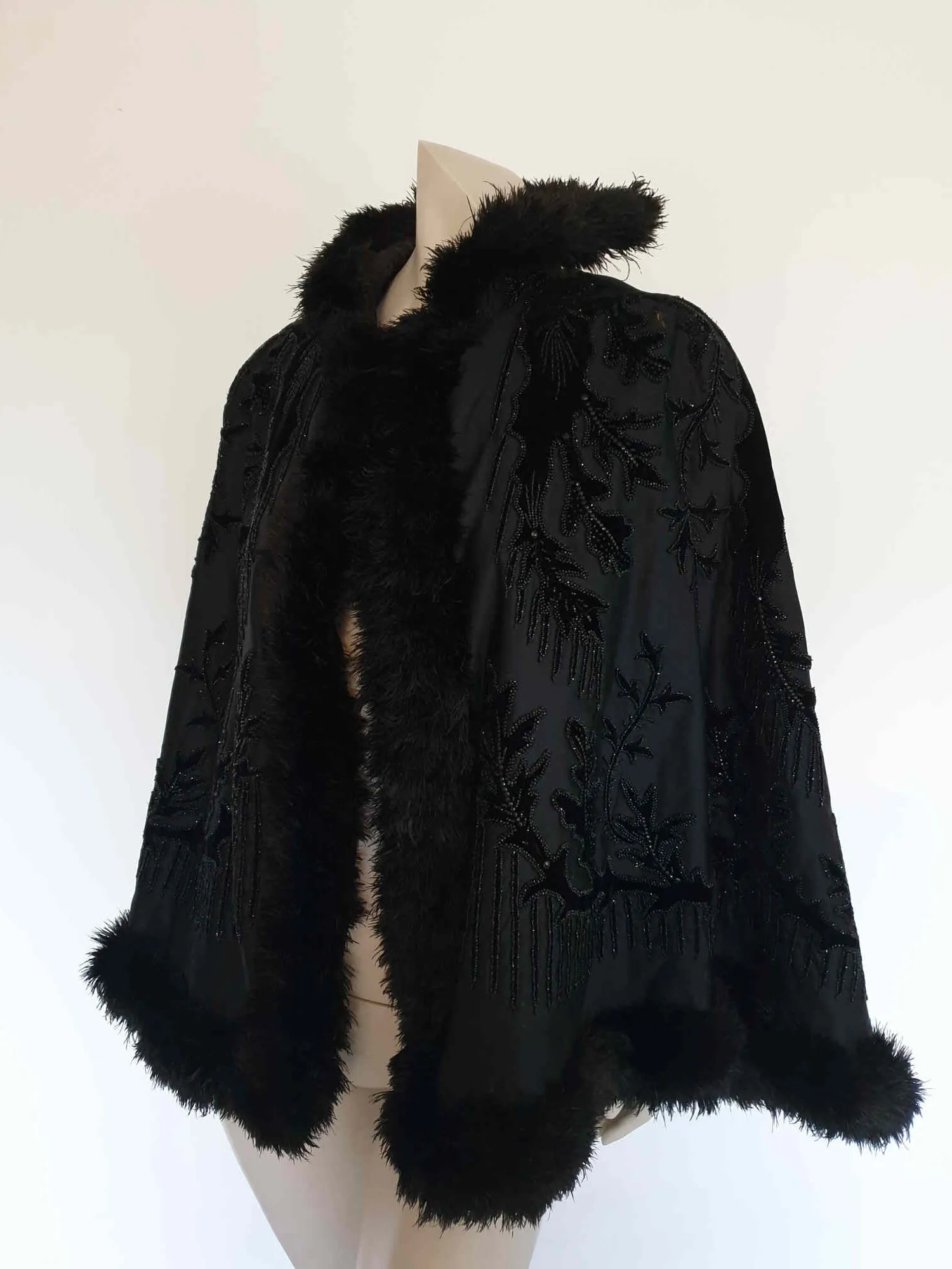 Antique, Victorian 1890s Opera Cape With Beading and Feather Trim