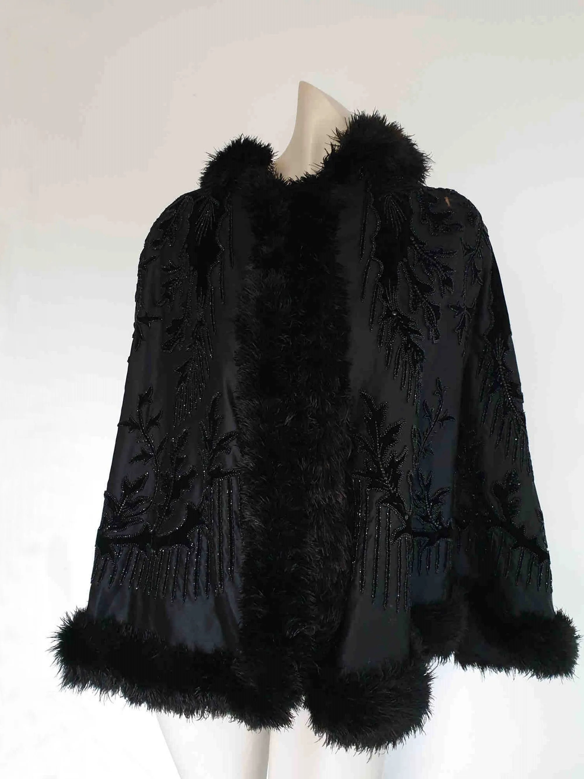 Antique, Victorian 1890s Opera Cape With Beading and Feather Trim