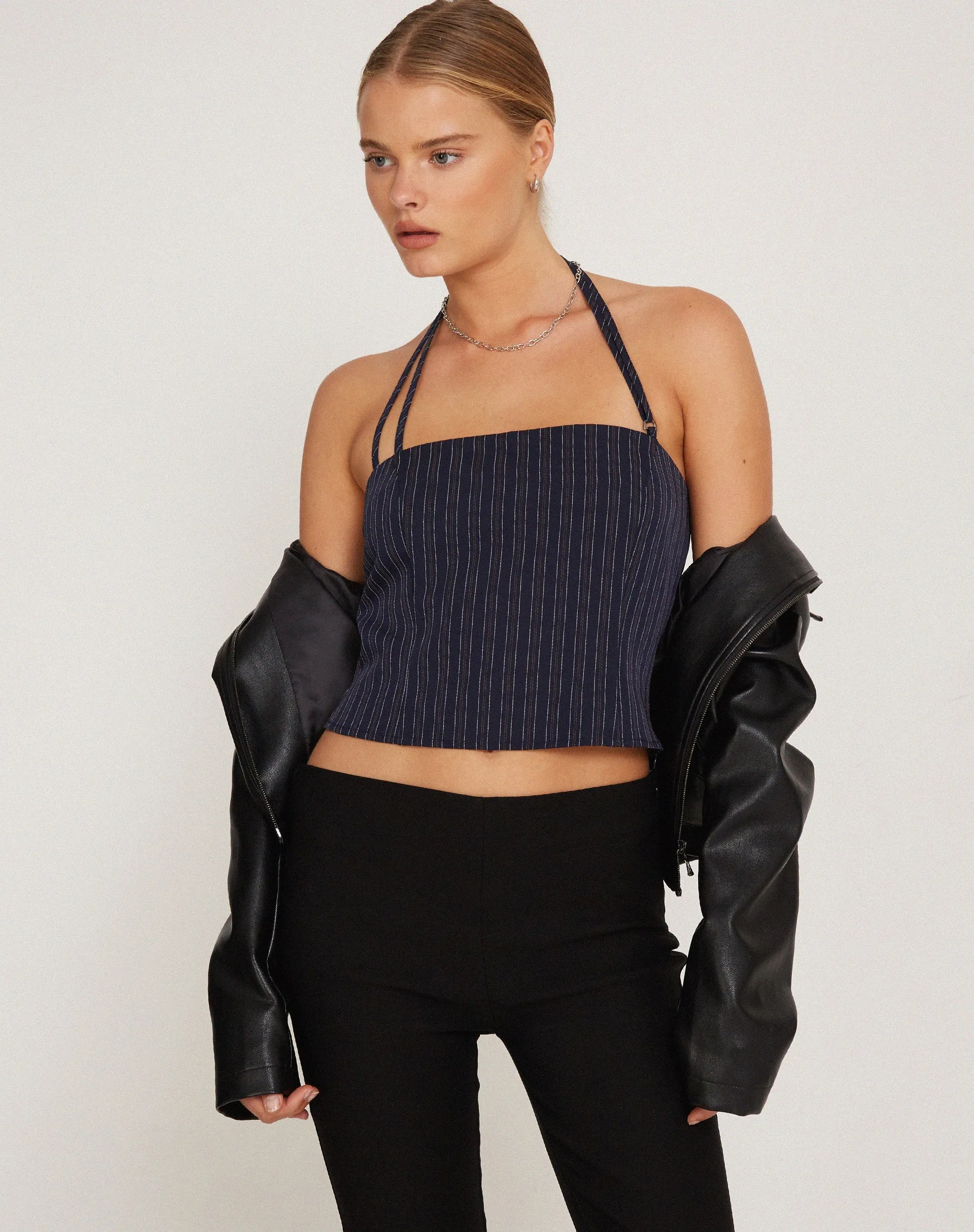 Arreta Crop Top in Pinstripe Navy