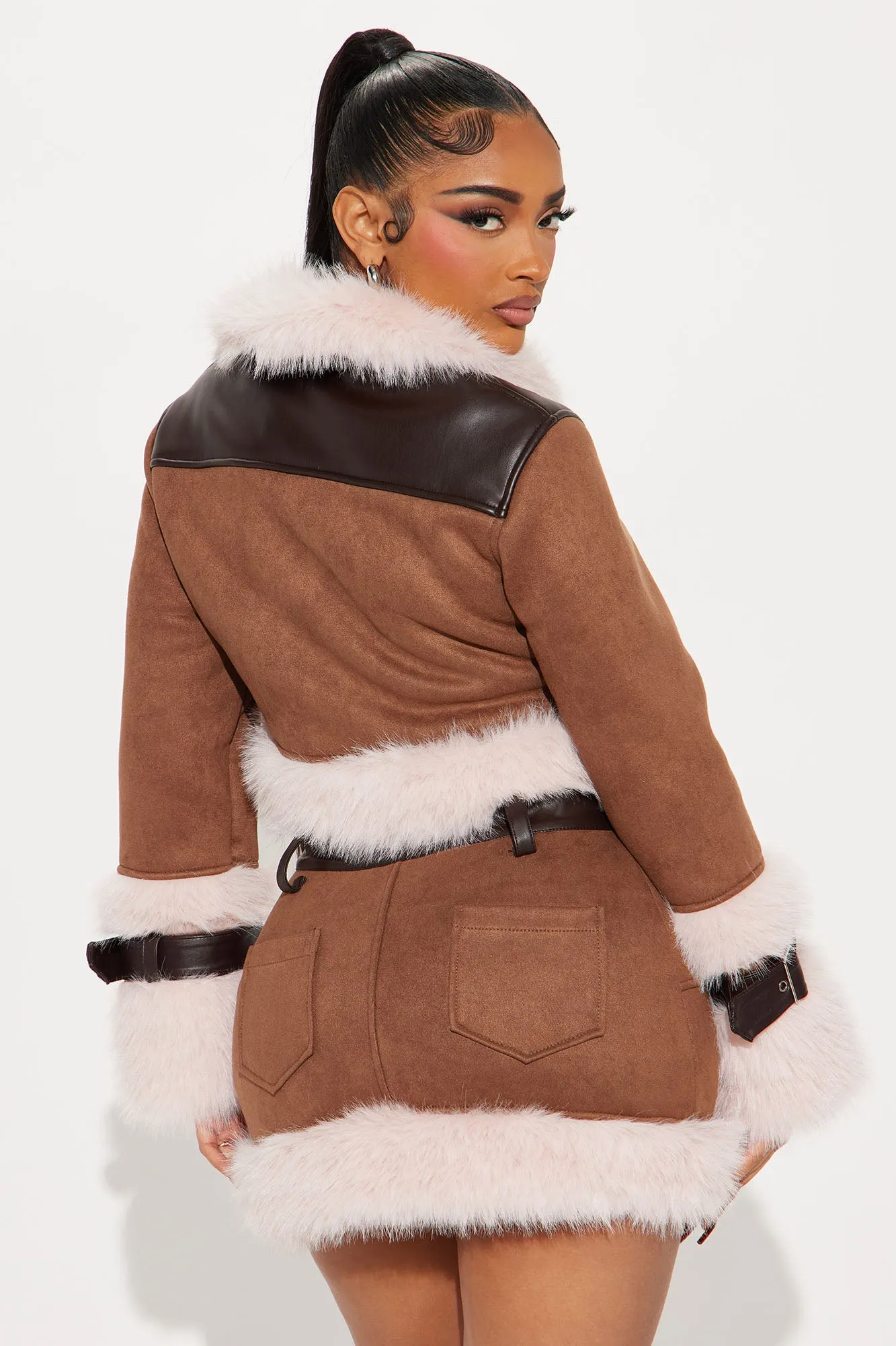 Aspen Faux Fur Trim Skirt Set - Brown/combo