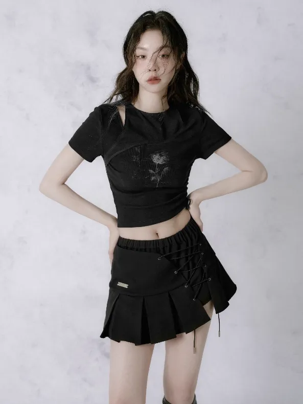 Asymmetric Cross Strap A-line Short Pleated Skirt