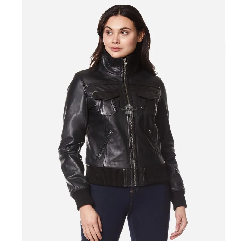 ATLANTIC AVIATOR JACKET LADIES CLASSIC BOMBER STYLE SLIM FIT LEATHER JACKET