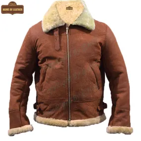 B002 B3 Brown Shearling Coat WWII Bomber Sheep Leather Aviator Shearling Fur Army Style Jacket For Men