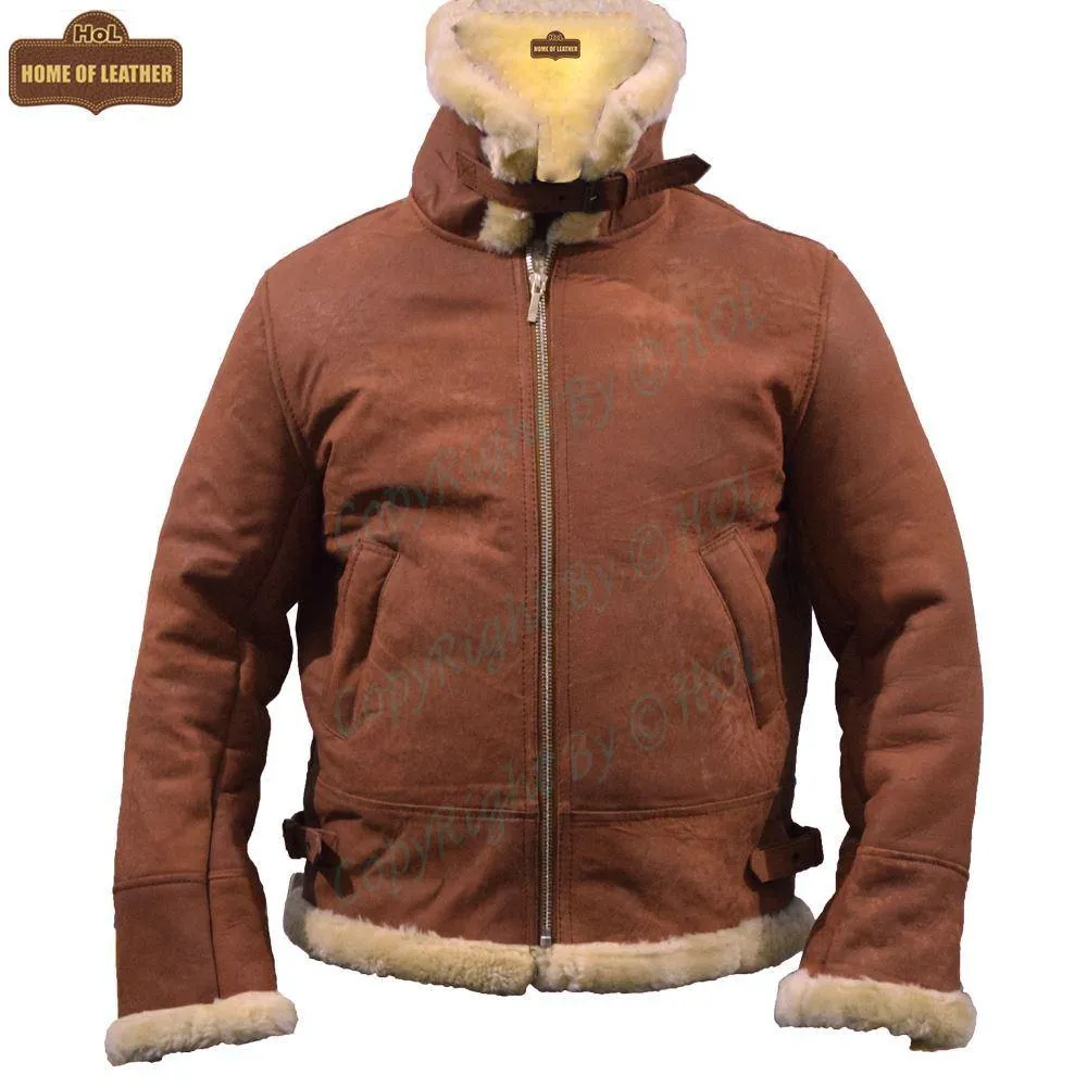 B002 B3 Brown Shearling Coat WWII Bomber Sheep Leather Aviator Shearling Fur Army Style Jacket For Men