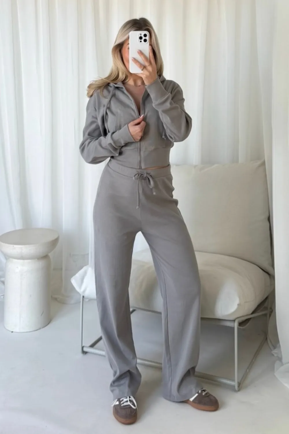 Becky slate grey ribbed cropped jacket & wide leg trousers