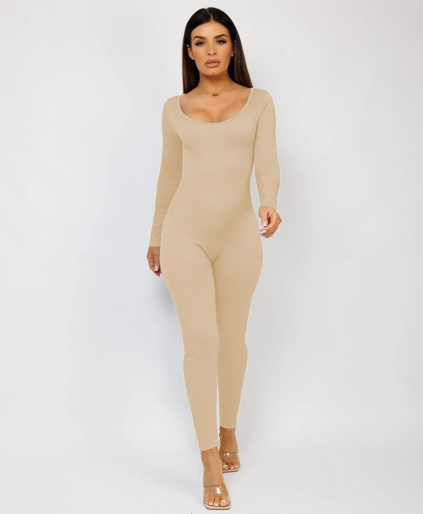 Beige Elastic Ribbed Round Neck Jumpsuit