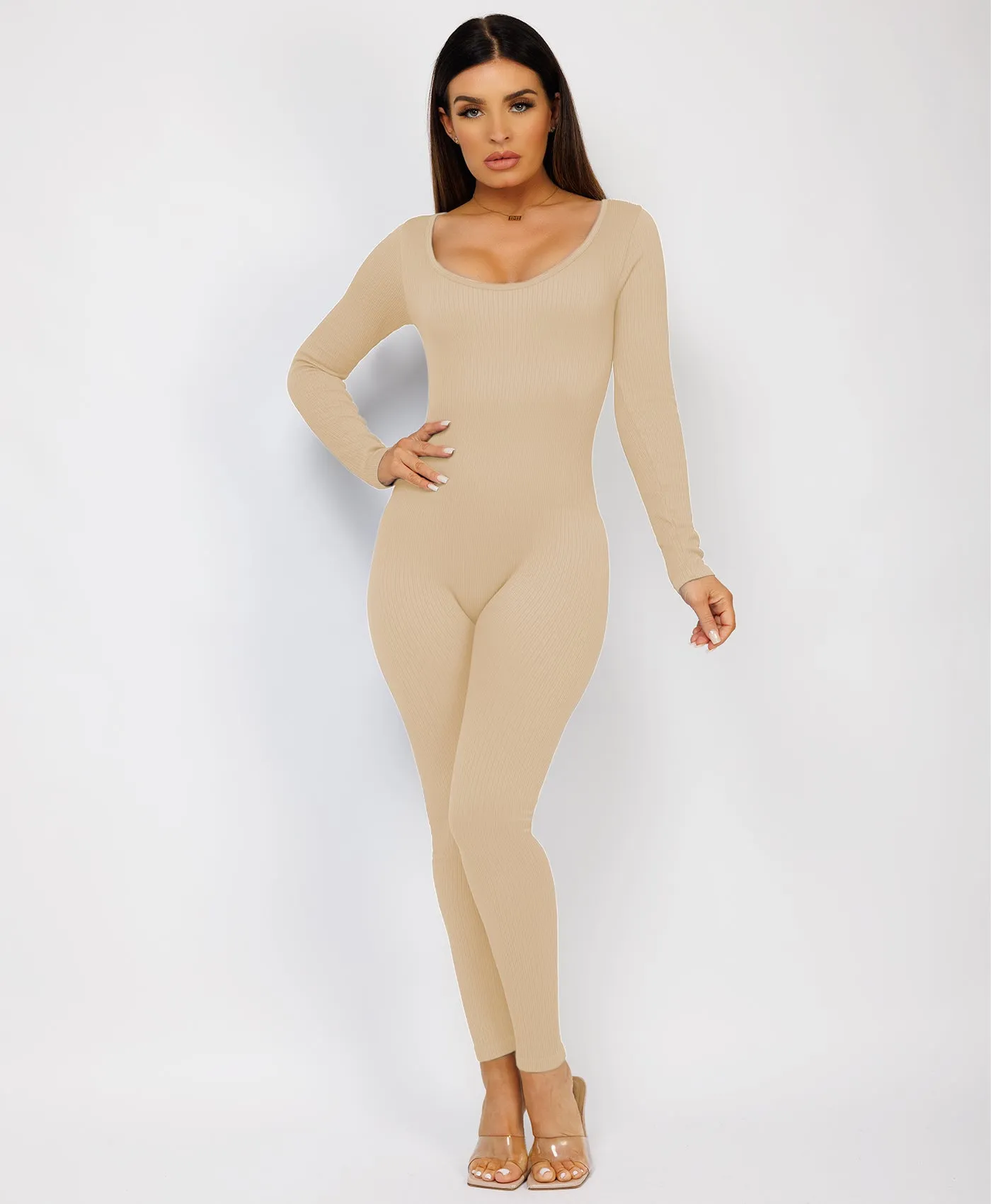 Beige Elastic Ribbed Round Neck Jumpsuit