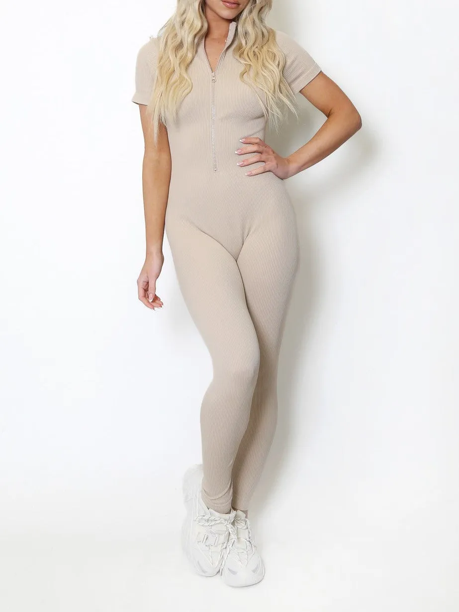 Beige Short Sleeves Zipped Ribbed Seamless Jumpsuit Unitard