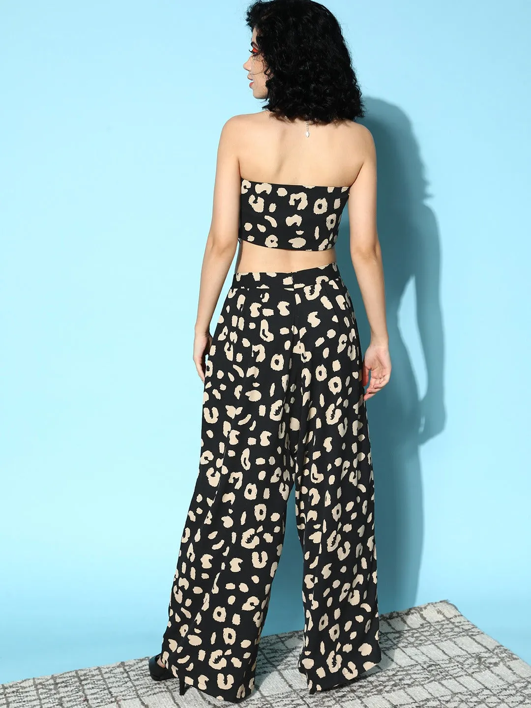 Berrylush Women Black & Beige Animal Printed Strapless Neck Front Tie-Up Tube Crop Top & Regular Palazzos Co-Ord Set