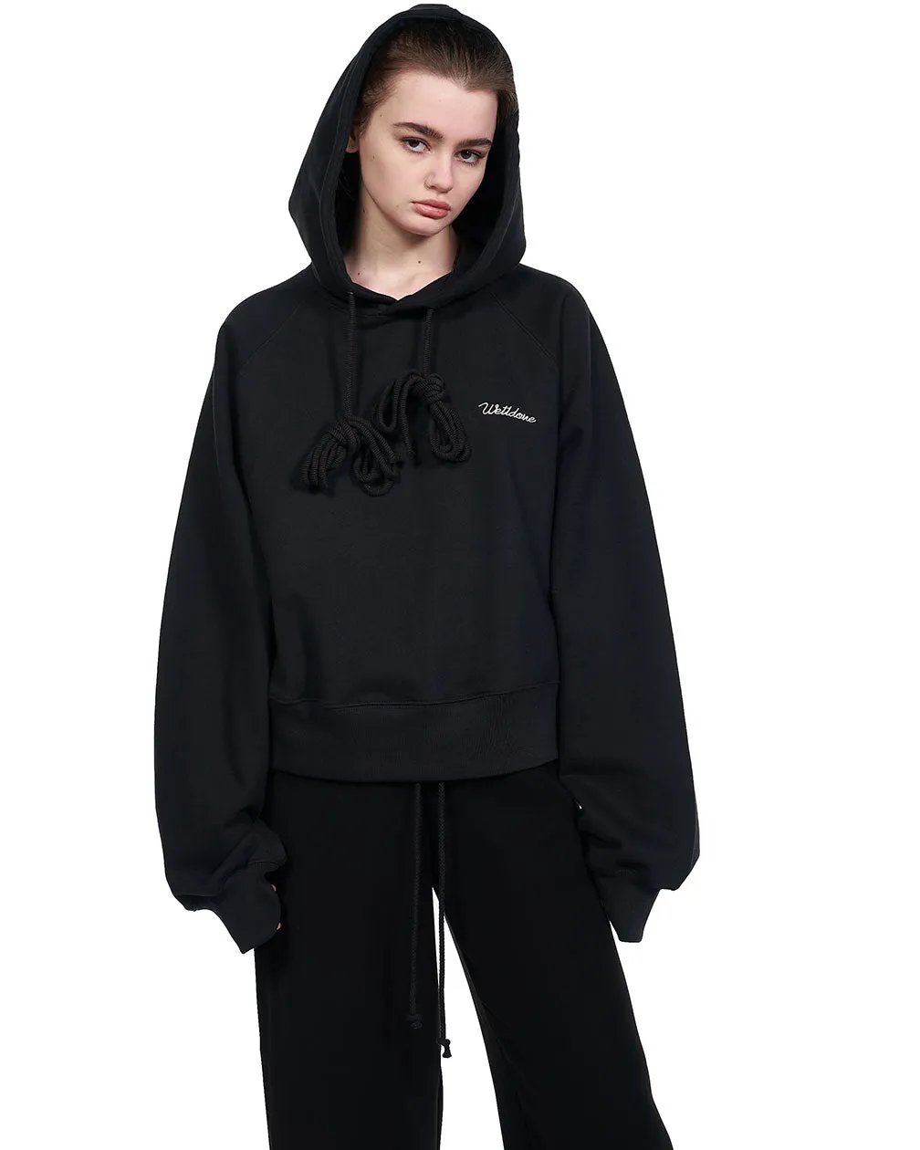 Black Embroidery Cropped Hoodie