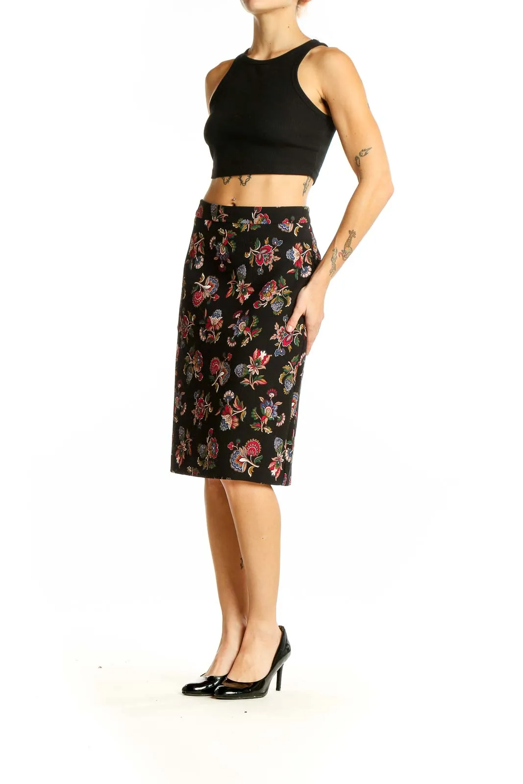 Black Floral Pencil Skirt