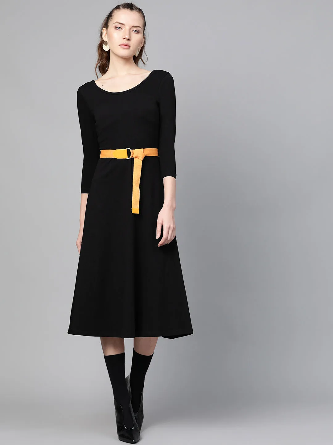 Black Skater Belted Midi Dress