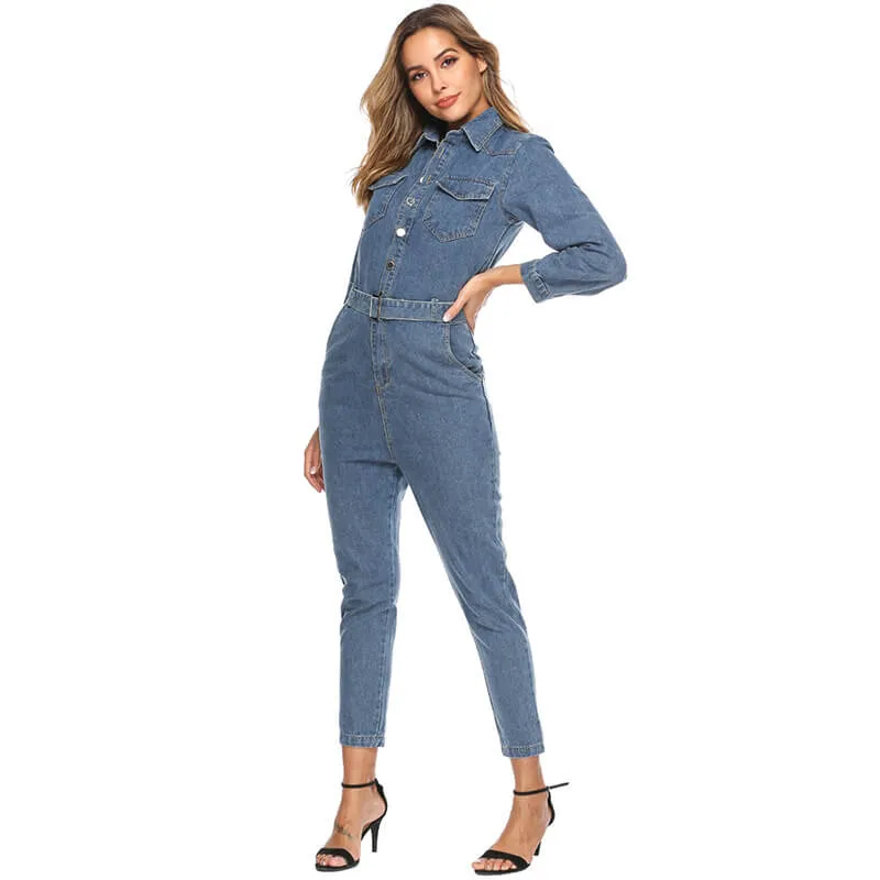 Blue Long Sleeves Denim Belt Skinny Jumpsuits