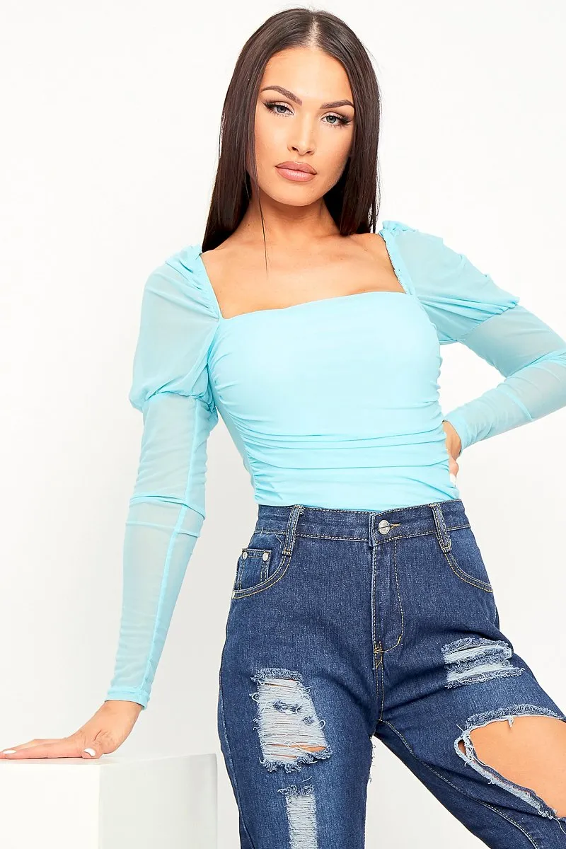 Blue Ruched Body Mesh Sleeve Bodysuit - Raeya