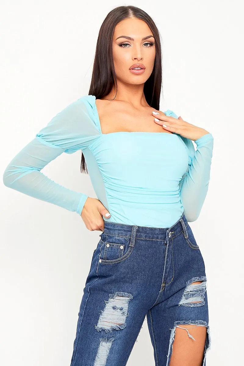 Blue Ruched Body Mesh Sleeve Bodysuit - Raeya