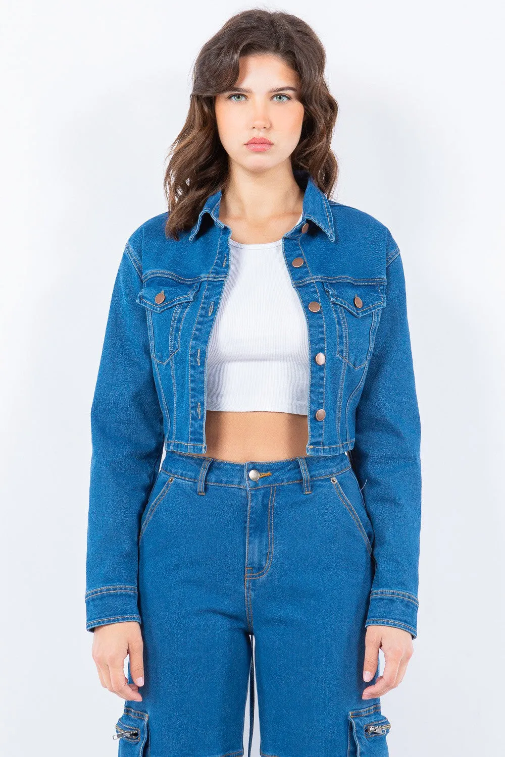 Blue Zone Planet |  American Bazi Laced Back Cropped Denim Jacket