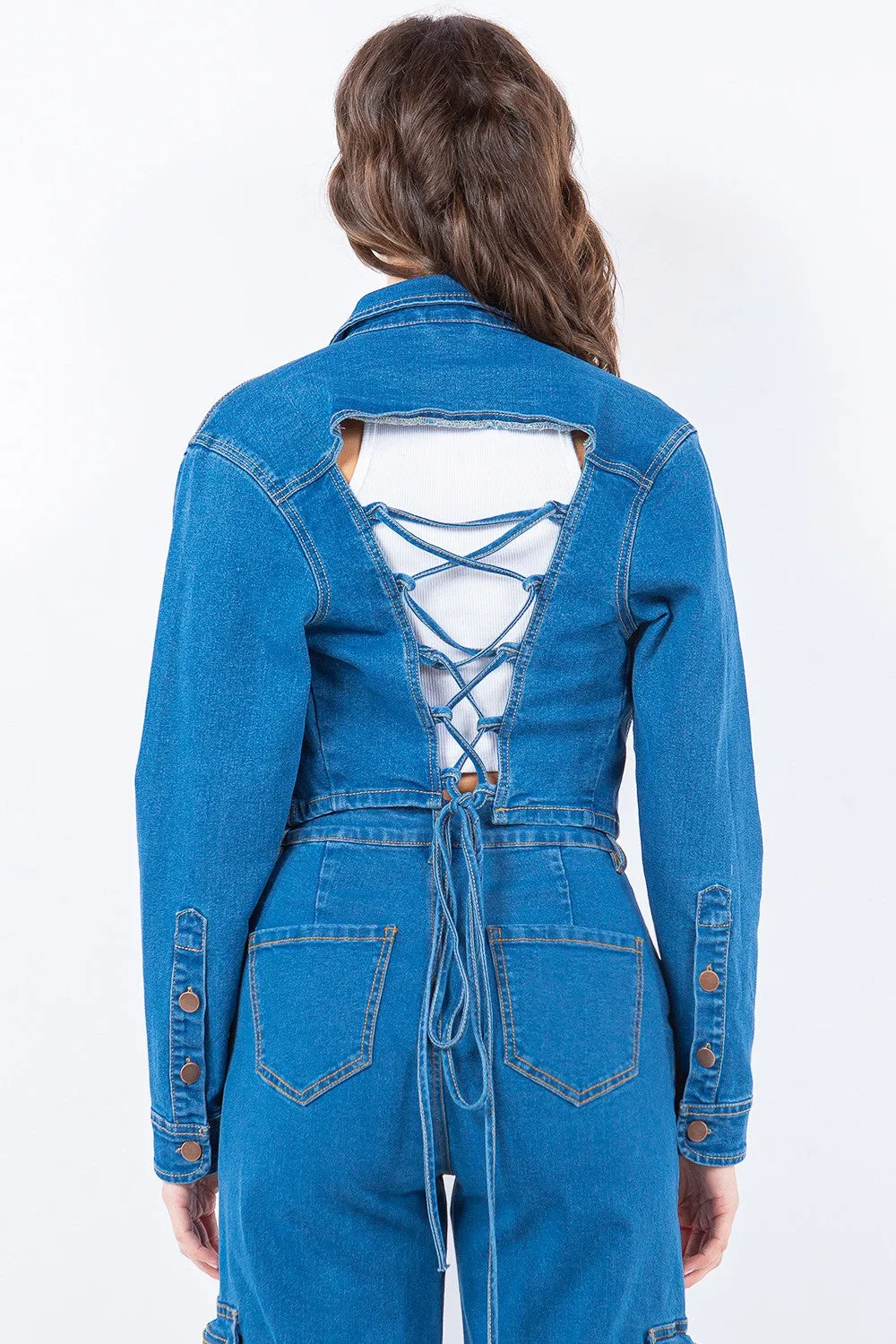 Blue Zone Planet |  American Bazi Laced Back Cropped Denim Jacket