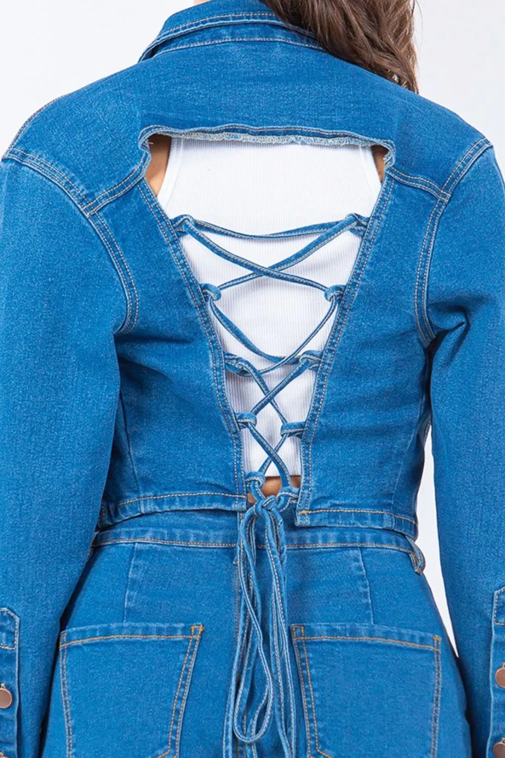 Blue Zone Planet |  American Bazi Laced Back Cropped Denim Jacket