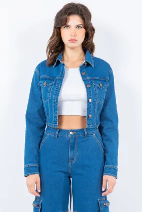 Blue Zone Planet |  American Bazi Laced Back Cropped Denim Jacket