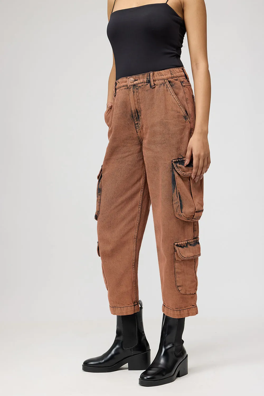 Brown Washed Cropped Cargo Jeans