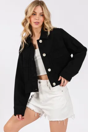 BYTOS Women's Black Button-Down Cropped Denim Jacket with Patch Pockets