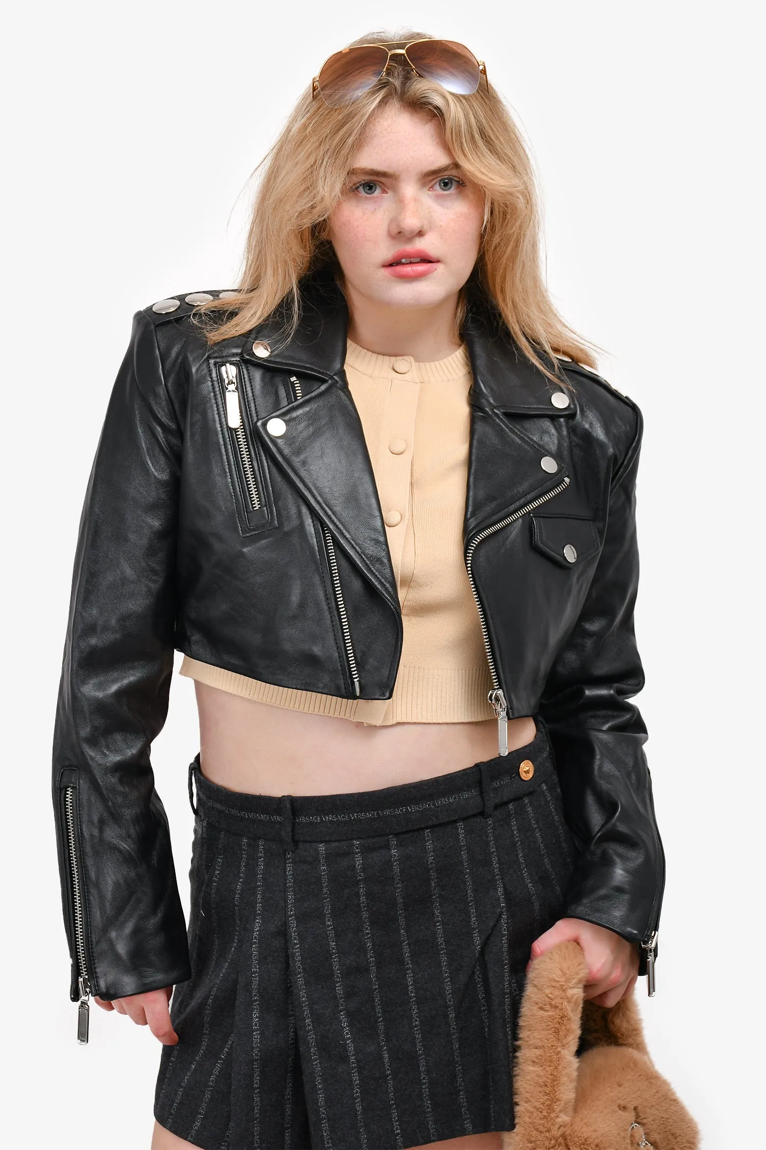 Camila Coelho Black Leather Studded Cropped 'Rowan' Jacket Size M