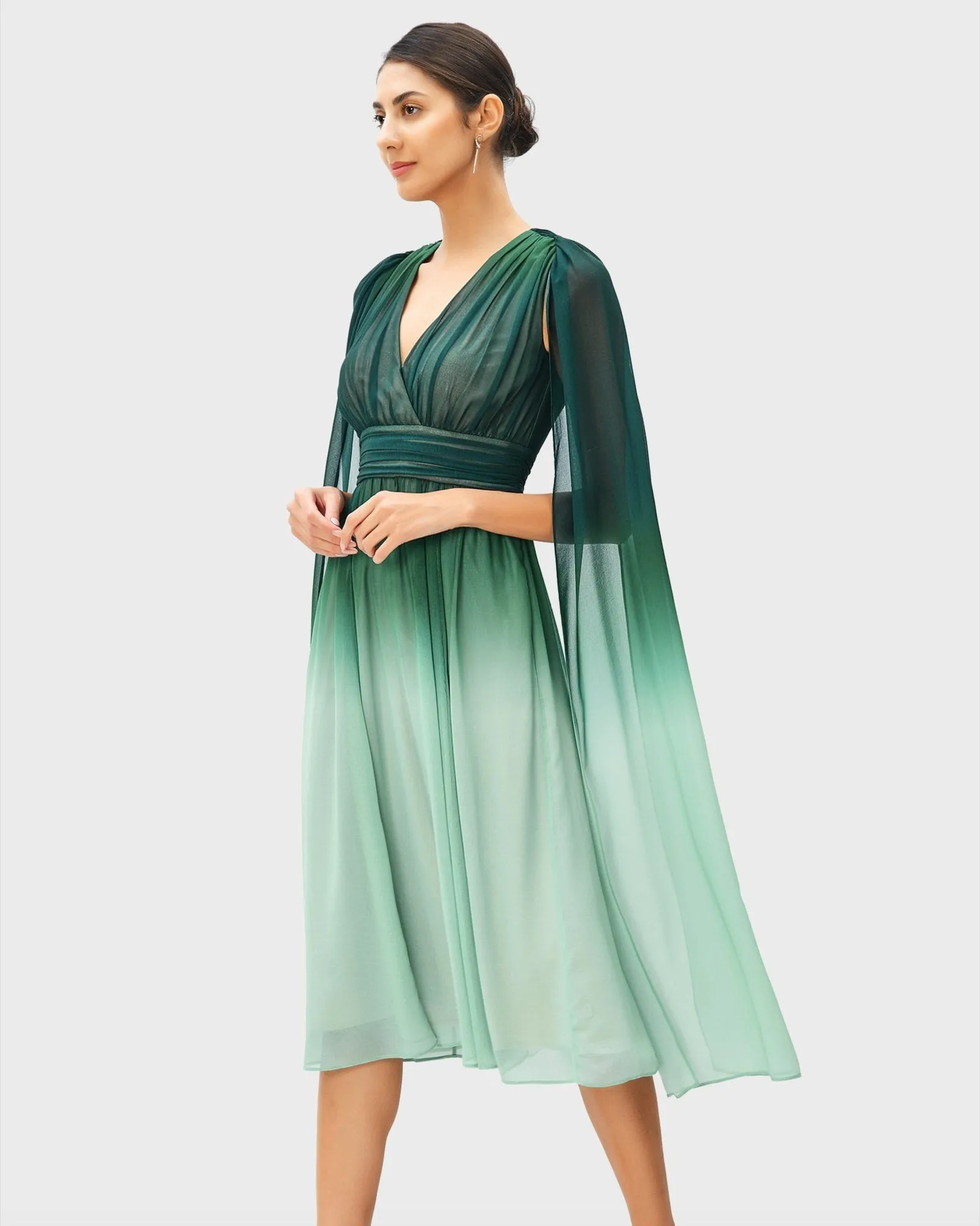 Cape sleeve ombre print georgette dress | Deep green