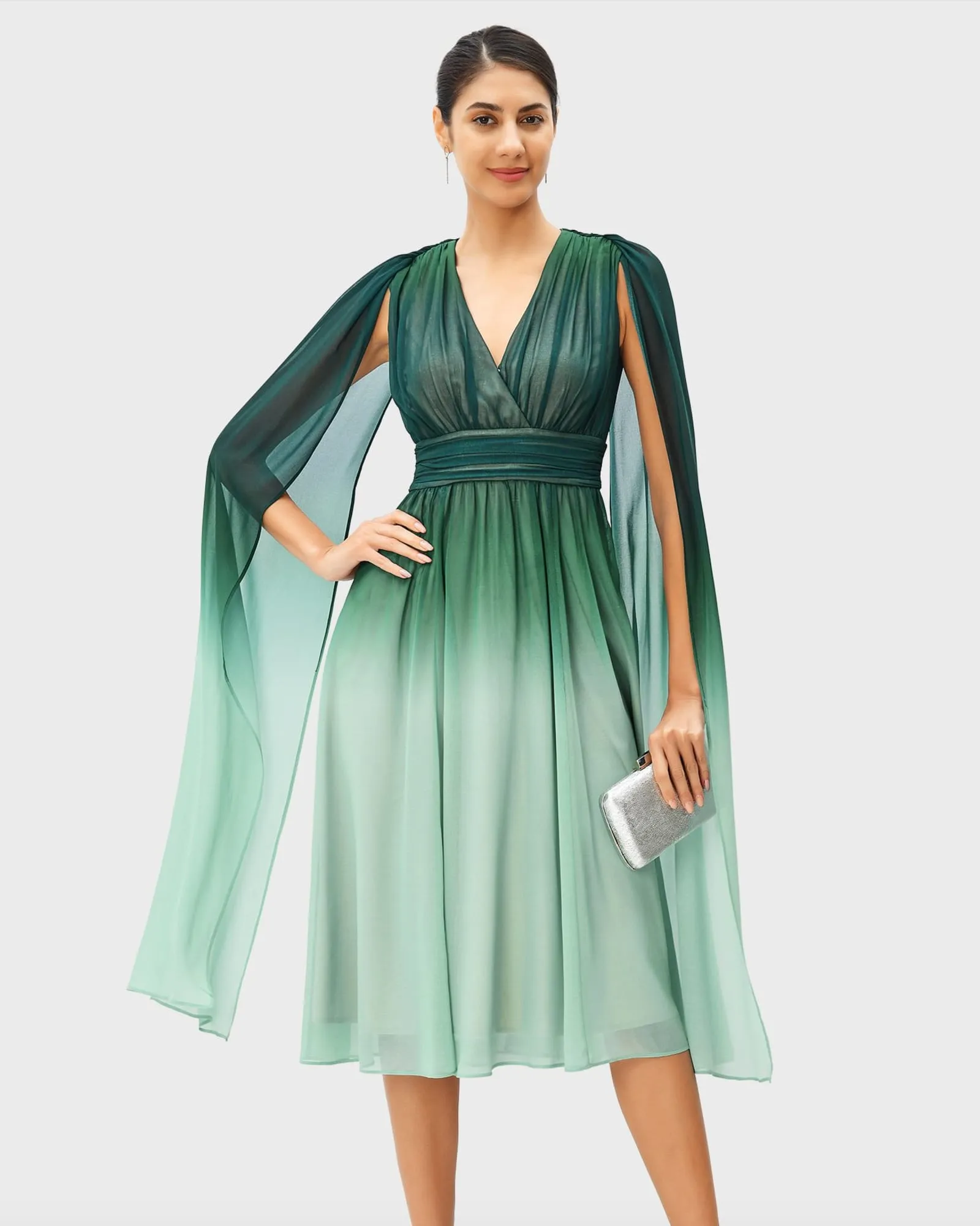 Cape sleeve ombre print georgette dress | Deep green