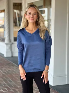 Charlie B Jersey Satin Knit Top in Denim