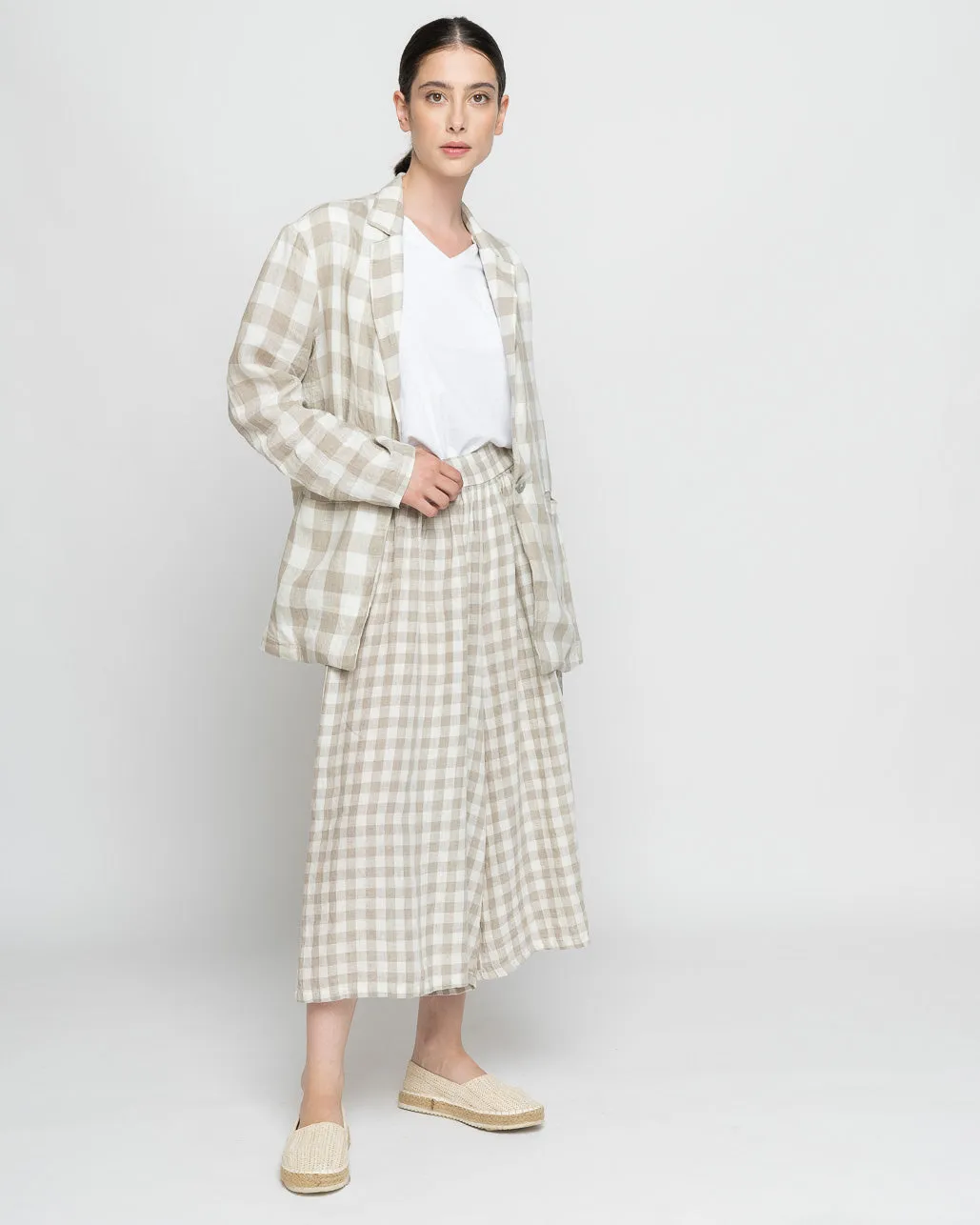 Checker Linen Elastic Waist Capri