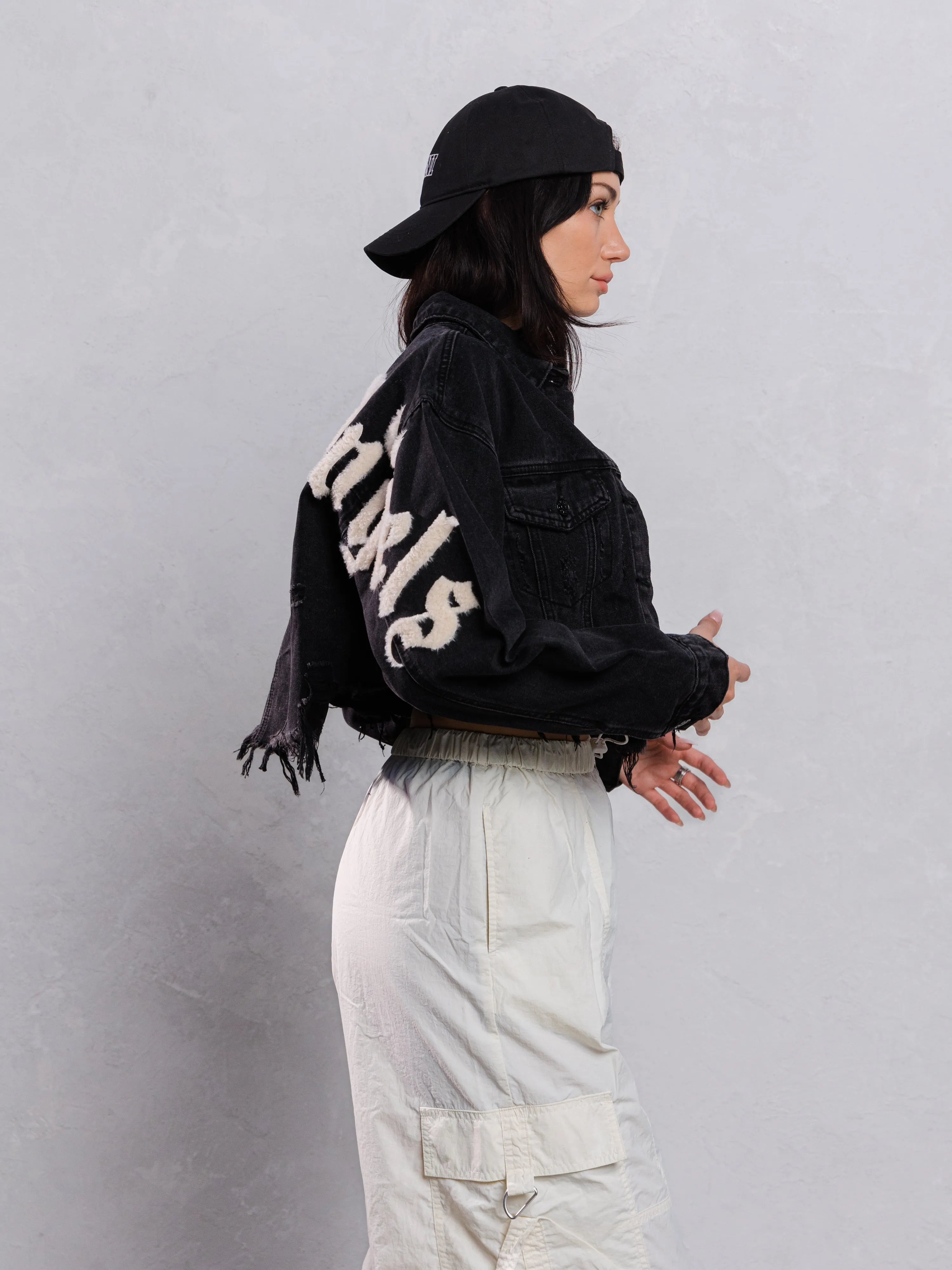 CITY OF ANGEL Cream font Crop Denim Jacket