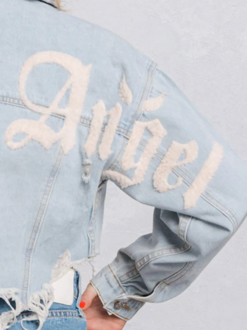 CITY OF ANGEL Cream font Crop Denim Jacket