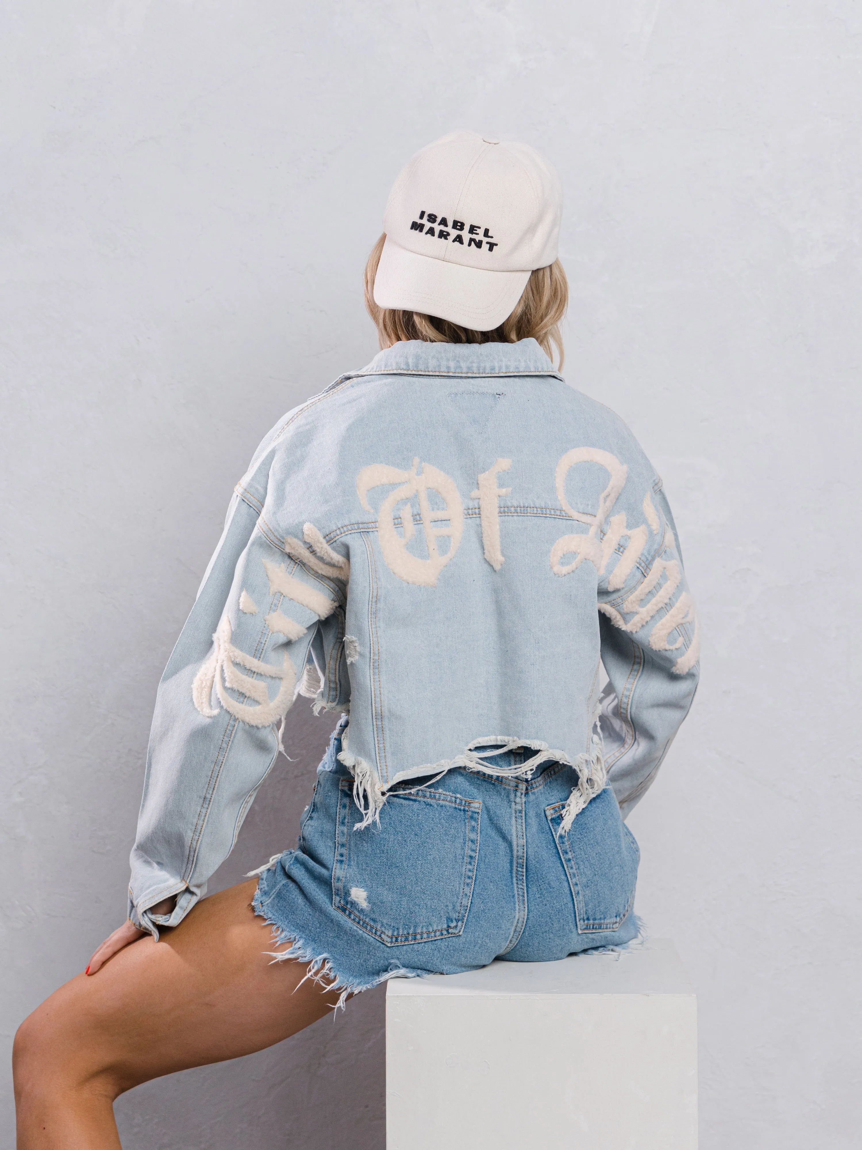 CITY OF ANGEL Cream font Crop Denim Jacket