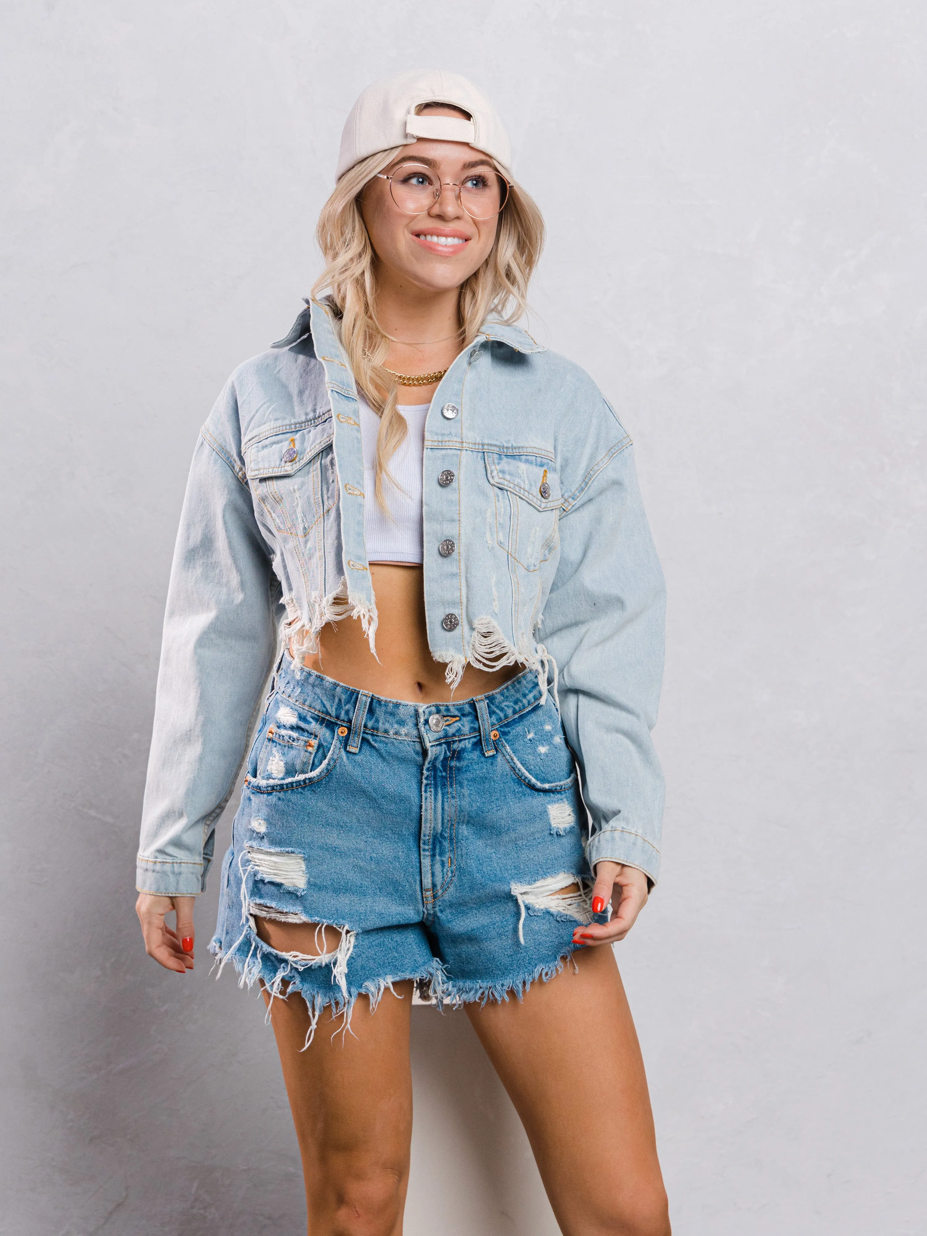 CITY OF ANGEL Cream font Crop Denim Jacket