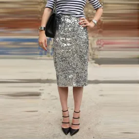 Clearance Silver Sequins Sexy Knee-Length Pencil Skirt