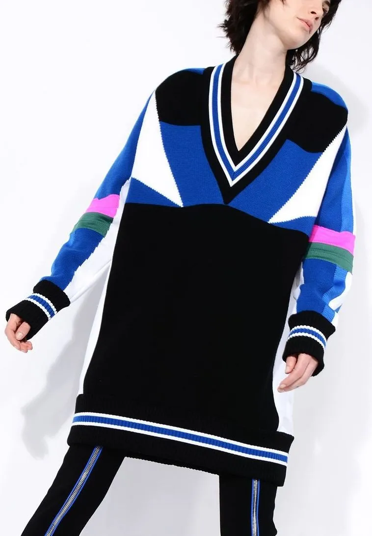 Color-Block Oversized Knit V-Neck Sweater