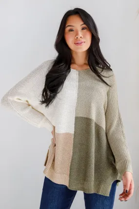 Confident Trend Light Olive Color Block Lightweight Knit Sweater